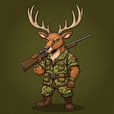 A deer mascot wearing camo holding a hunting rifle. the background is a collection of hues of green.