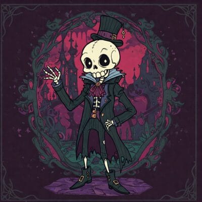 A picture of a cartoon skeleton wearing formal clothing and a top hat on a black and red background.