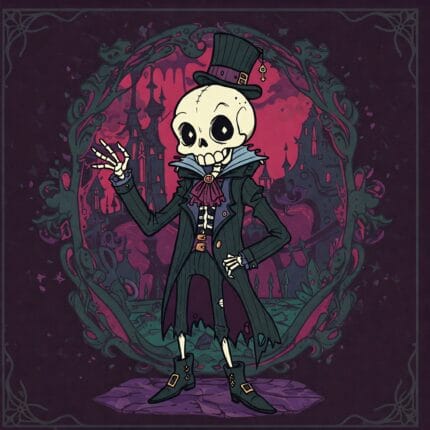 A picture of a cartoon skeleton wearing formal clothing and a top hat on a black and red background.