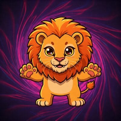 A cute cartoon lion mascot staring at the camera with claws up. The background is purple and black swirls.