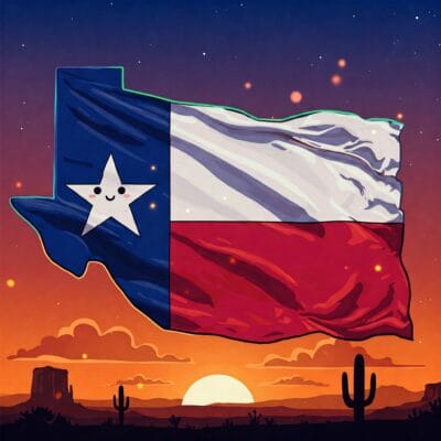 A picture of the state of Texas. There is the flag of Texas draped over it. The background is a Texas desert skyline with a yellow sun coming up and hues of oranges, blacks, and blues.