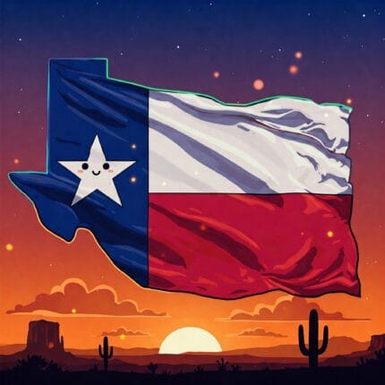A picture of the state of Texas. There is the flag of Texas draped over it. The background is a Texas desert skyline with a yellow sun coming up and hues of oranges, blacks, and blues.