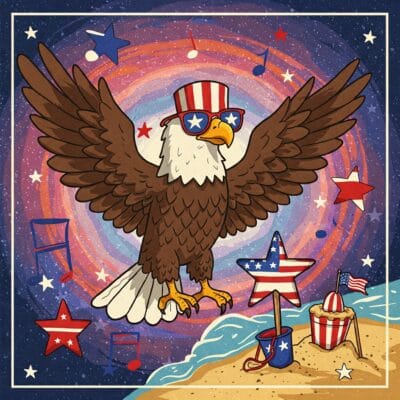 a cartoon mascot eagle earing a top hat and sunglasses. The background is a mixture of red, white, and blue colors with starts and fourth of July fireworks.