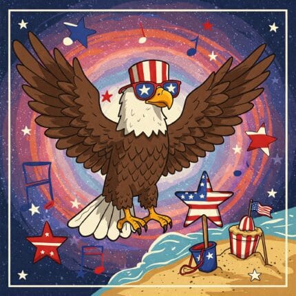 a cartoon mascot eagle earing a top hat and sunglasses. The background is a mixture of red, white, and blue colors with starts and fourth of July fireworks.