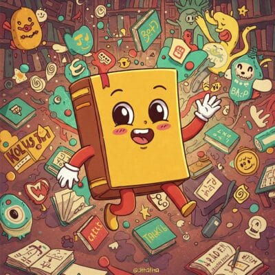 On the Homeschool gifts location, a yellow and orange book mascot. The mascot has arms and legs on a brown background with paper and pens throughout the picture.