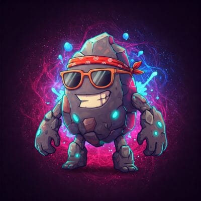 a pebble cartoon mascot with a bandana, sunglasses, and a big smile with arms and legs on a black, pink, and blue sparkling background.