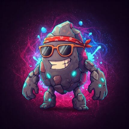 a pebble cartoon mascot with a bandana, sunglasses, and a big smile with arms and legs on a black, pink, and blue sparkling background.